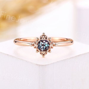 Round shape alexandrite engagement ring vintage rose gold milgrain ring unique solitaire wedding ring anniversary promise bridal ring