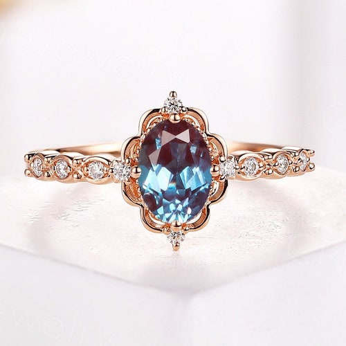 Vintage Alexandrite Engagement Ring Oval Cut Rose Gold Ring - Etsy