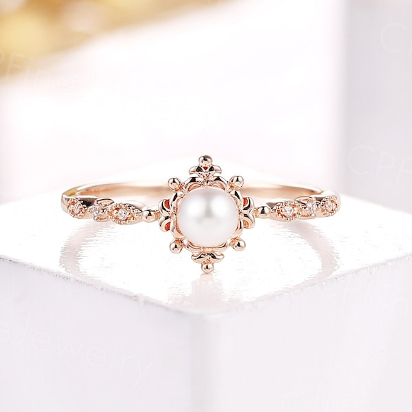 Anel de noivado vintage com pérola Akoya, anel antigo em ouro rosa com pérolas redondas, anel art déco com diamantes, anel de meia aliança, anel de compromisso de aniversário.