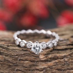 Unique moissanite engagement ring 14k white gold,diamond band ring ,promise ring,ring women,anniversary bridal ring image 1