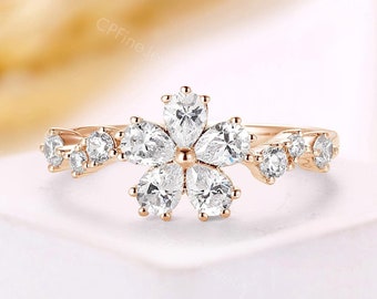 Pear Moissanite Flower Engagement Ring - Rose Gold Floral Crown Promise Ring - Nature Inspired Anniversary Gift by CPFineJewelry