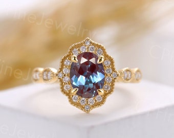 Alexandenrit engagement ring rose gold,diamond halo women ring vintage,milgrain half eternity ring prong set, promise ring, anniversary gift