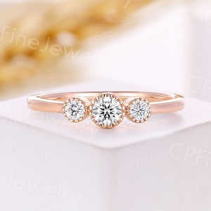 Antique three stone moissanite engagement ring dainty rose gold ring vintage wedding ring bezel set bridal ring promise anniversary ring
