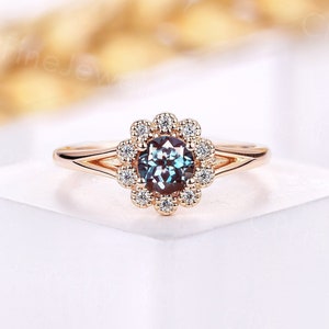 Round alexandrite engagement ring art deco diamond halo rings unique moissanite flower ring rose gold ring vintage anniversary promise ring