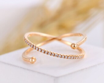 Vintage diamond wedding band rose gold criss cross ring unique ring open ring promise ring anniversary band bridal ring