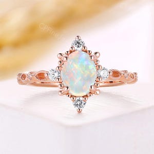 Oval Natural White Opal Engagement Ring - 18K Rose Gold Vintage Wedding Ring - Unique Rainbow Stone Promise Ring by CPFineJewelry