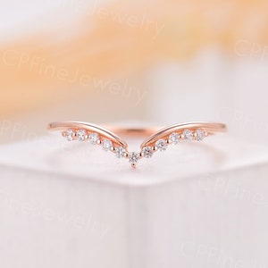 Curved Wedding Band Rose Gold Moissanite Diamond Chevron Wedding Band Vintage Delicate Ring Matching Unique Band Anniversary Promise Ring