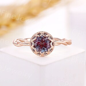 Vintage round alexandrite engagement ring rose gold ring unique solitaire ring art deco twist ring anniversary promise bridal ring