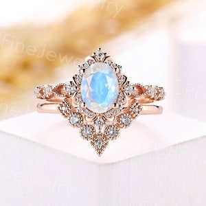 Vintage oval moonstone engagement ring set unique rose gold milgrain ring round moissanite halo ring anniversary promise bridal set