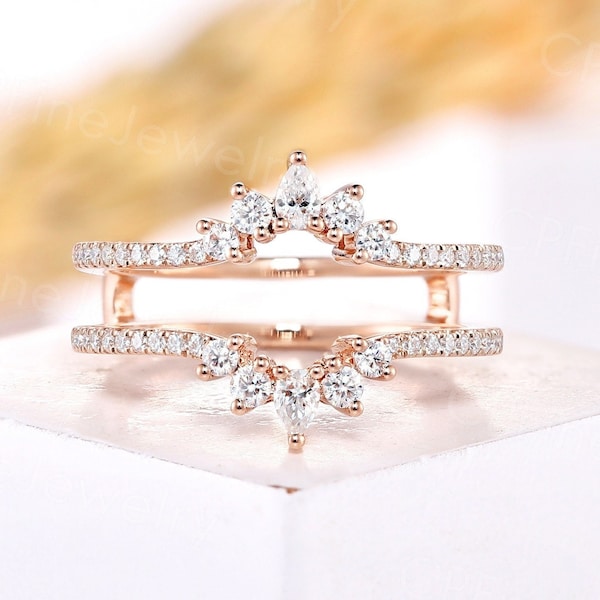 Pear diamond enhancer wedding band unique moissanite matching ring jacket rose gold art deco stacking wedding rings anniversary promise ring