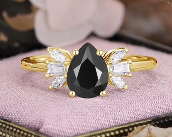 Black Onyx Engagement Ring, Vintage Teardrop Ring, Art Deco Diamond Ring by CPFineJewelry