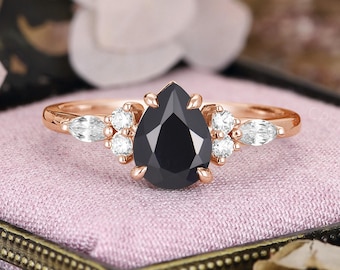 Black Onyx Engagement Ring, Tear Drop Wedding Ring, Moissanite Promise Ring by CPFineJewelry