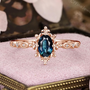 Teal Sapphire Engagement Ring, Milgrain Diamond Ring, Half Eternity Ring by CPFineJewelry