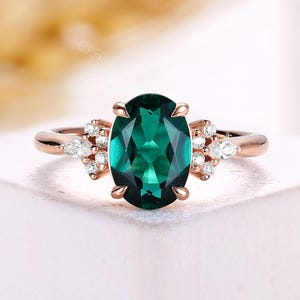 Rose Gold Emerald Engagement Ring - Vintage Oval Green Gemstone Wedding Ring - Classic Cluster Moissanite Promise Ring by CPFineJewelry