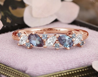 Alexandrite Wedding Band, Women Vintage Gold Ring, Moissanite Cluster Ring by CPFineJewelry