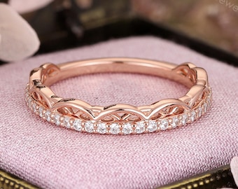 Lace Moissanite Wedding Band, Rose Gold Bridal Ring, Vintage Stacking Ring by CPFineJewelry