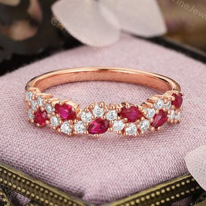 Ruby Wedding Band, 18K Rose Gold Ring, Cluster Matching Band for Her by CPFineJewelry