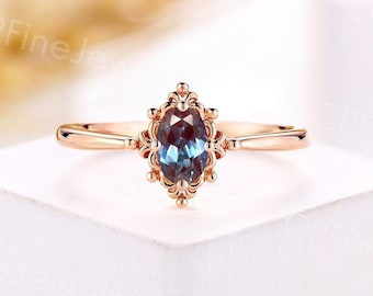 Vintage oval alexandrite engagement ring rose gold wedding ring solitaire ring antique milgrain ring anniversary promise bridal ring