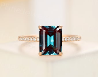 Emerald Alexandrite Engagement Ring Vintage Rose Gold Ring Art