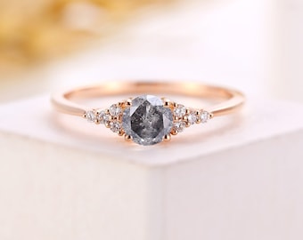 Salt and pepper engagement diamond ring round cut vintage engagement ring prong set moissanite ring diamond ring rose gold anniversary ring