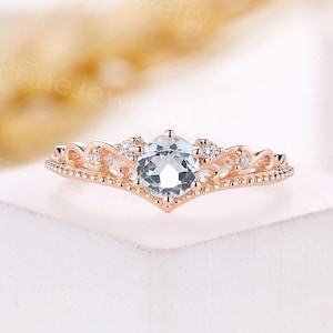 Vintage Round Aquamarine engagement ring art deco rose gold ring Milgrain Diamond ring Half eternity wedding Anniversary promise ring