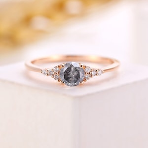 Salt and pepper engagement diamond ring round vintage engagement ring prong set moissanite ring diamond ring rose gold anniversary ring