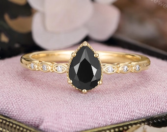 Black Onyx Engagement Ring, Rose Gold Milgrain Ring, Vintage Diamond Ring by CPFineJewelry