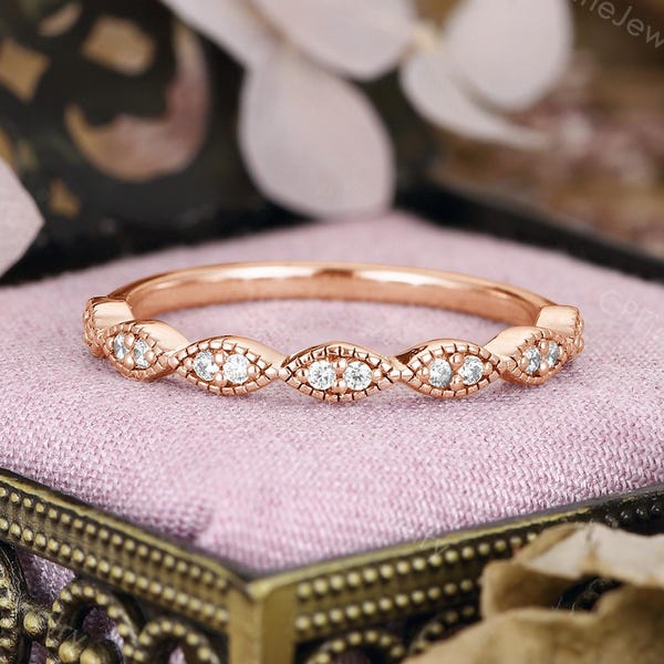 Moissanite Wedding Band, Milgrain Half Eternity Ring, Matching Promise Ring by CPFineJewelry