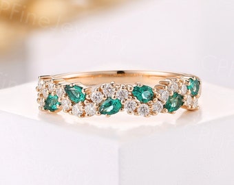 Vintage pear cut lab emerald cluster wedding band unique round moissanite wedding band rose gold half eternity matching band stacking band