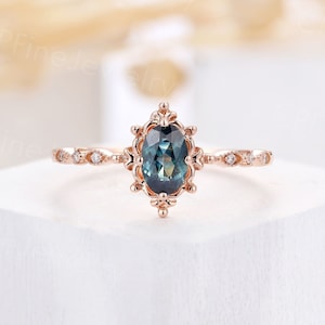 Vintage teal sapphire engagement ring oval cut ring rose gold milgrain ring art deco diamond half eternity ring anniversary promise ring