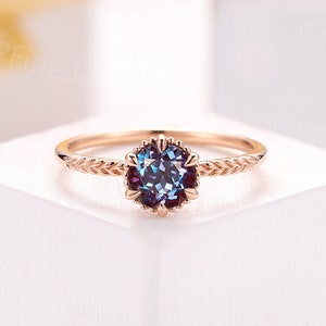 Vintage alexandrite engagement ring round solitaire rose gold ring delicate simple alexandrite ring bridal anniversary promise women ring