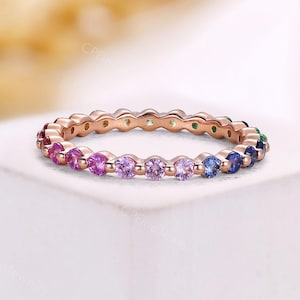 2mm Rainbow Gradient Eternity Ring - Vintage LGBT Colorful Sapphire Stacking Ring - Pride 14K / 18K Rose Gold Matching Ring by CPFineJewelry
