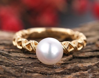 Akoya Pearl engagement ring 14k gold women,hollow out ring band, vintage jewelry bridal ring, art deco birthday anniversary bridal ring