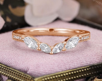 Marquise Moissanite Ring, Curved Wedding Band, Rose Gold Milgrain Ring by CPFineJewelry