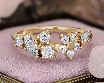 Moissanite Cluster Ring, Yellow Gold Flower Ring, Nature Inspired Ring by CPFineJewelry