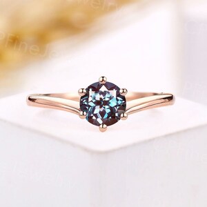 Vintage alexandrite engagement ring rose gold ring round solitaire ring unique yellow gold prong set ring anniversary promise ring