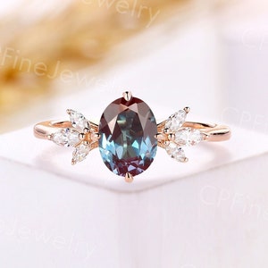 Oval alexandrite engagement ring marquise diamond ring cluster moissanite ring vintage rose gold ring anniversary promise ring