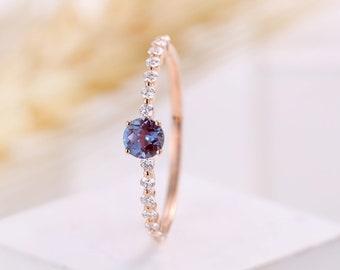 Alexandrite engagement ring round cut, rose gold half eternity  women ring vintage, prong set promise ring, anniversary bridal ring