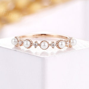 Vintage Freshwater Pearl Wedding Band Round Moissanite Diamond Stacking Matching Ring Delicate Rose Gold Ring Anniversary Promise Rings