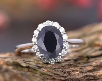 Vintage Black Onyx engagement ring oval cut ring ,Art deco diamond wedding ring white gold, halo set ring milgrain moissanite anniversary