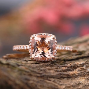 Vintage Morganite engagement ring rose gold ring, art deco cushion cut wedding ring bridal ring ,halo set diamond ring,Anniversary ring imagem 1