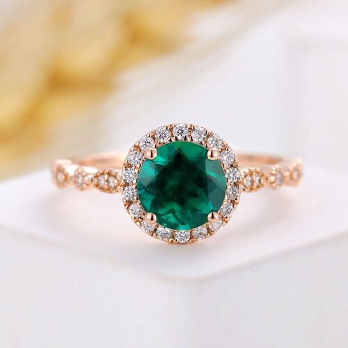 Emerald Engagement Ring Round Cut Rose Gold Women Ring Prong - Etsy