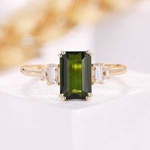 Vintage tourmaline engagement ring emerald unique baguette diamond rings yellow gold moissanite ring antique anniversary promise gift