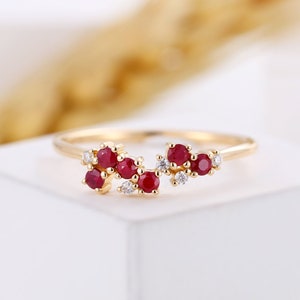 Vintage Cluster ruby wedding band ring rose gold,  art deco band dainty moissanite band stacking matching band, unique anniversary
