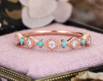 Turquoise Wedding Band, Vintage Diamond Ring, Rose Gold Matching Ring by CPFineJewelry