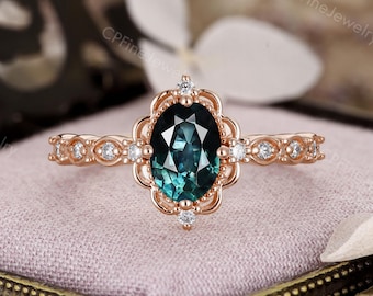 Vintage Teal Sapphire Ring, Floral Engagement Ring, Antique Rose Gold Ring by CPFineJewelry