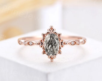 Vintage black rutilated quartz engagement ring oval rose gold ring ,art deco diamond wedding ring unique oval ring, prong set ring, bridal