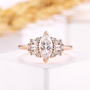 Vintage marquise shape moissanite engagement ring rose gold cluster ring baguette cz ring round ring anniversary promise ring