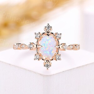 Vintage Oval Opal engagement ring Rose gold ring milgrain diamond ring Antique Round moissanite ring bridal Anniversary promise ring