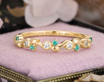 Natural Inspired Leaf Band, Emerald Wedding Ring, Diamond Branch Band by CPFineJewelry